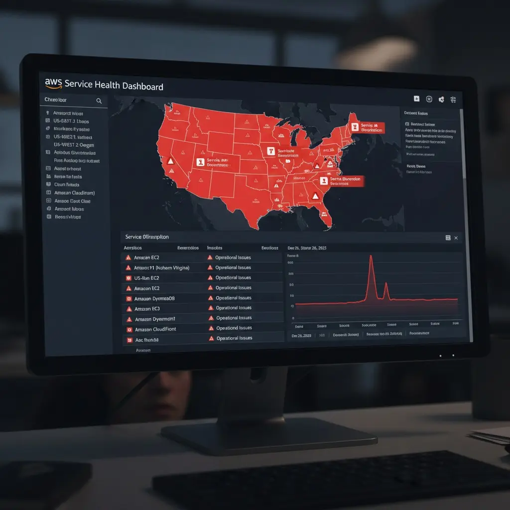 AWS Service Health Dashboard showing multiple red warning alerts and service disruptions during the December 2025 global outage.