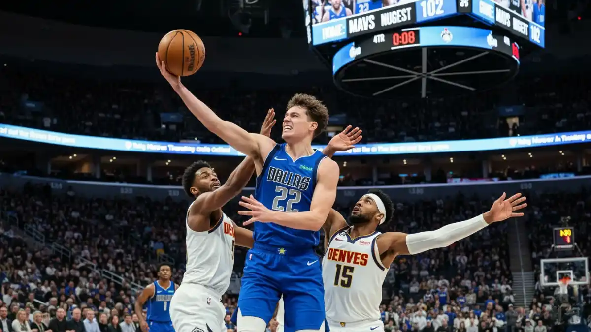 Cooper Flagg driving to the basket in Mavericks vs Nuggets game