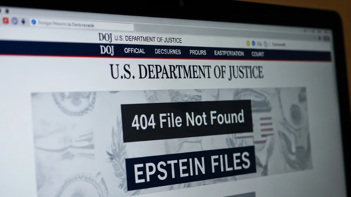 Screenshot of missing DOJ Epstein files showing “404 error” on government website.