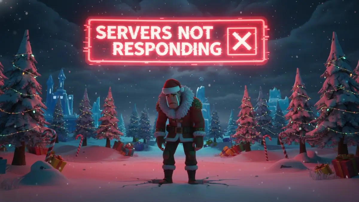 Fortnite character facing a server connection error during Winterfest.