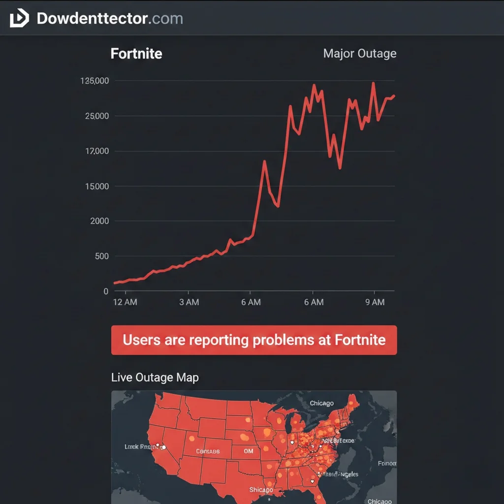 Fortnite downdetector graph showing a massive spike in user-reported server outages on December 25, 2025.