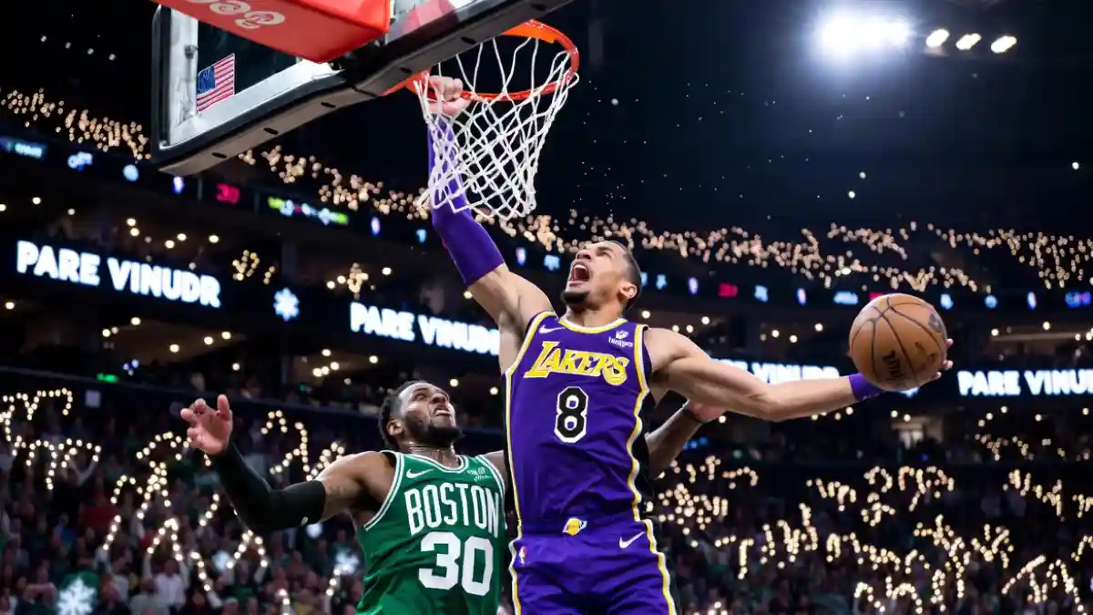 Lakers player dunking against Celtics on Christmas Day 2025.
