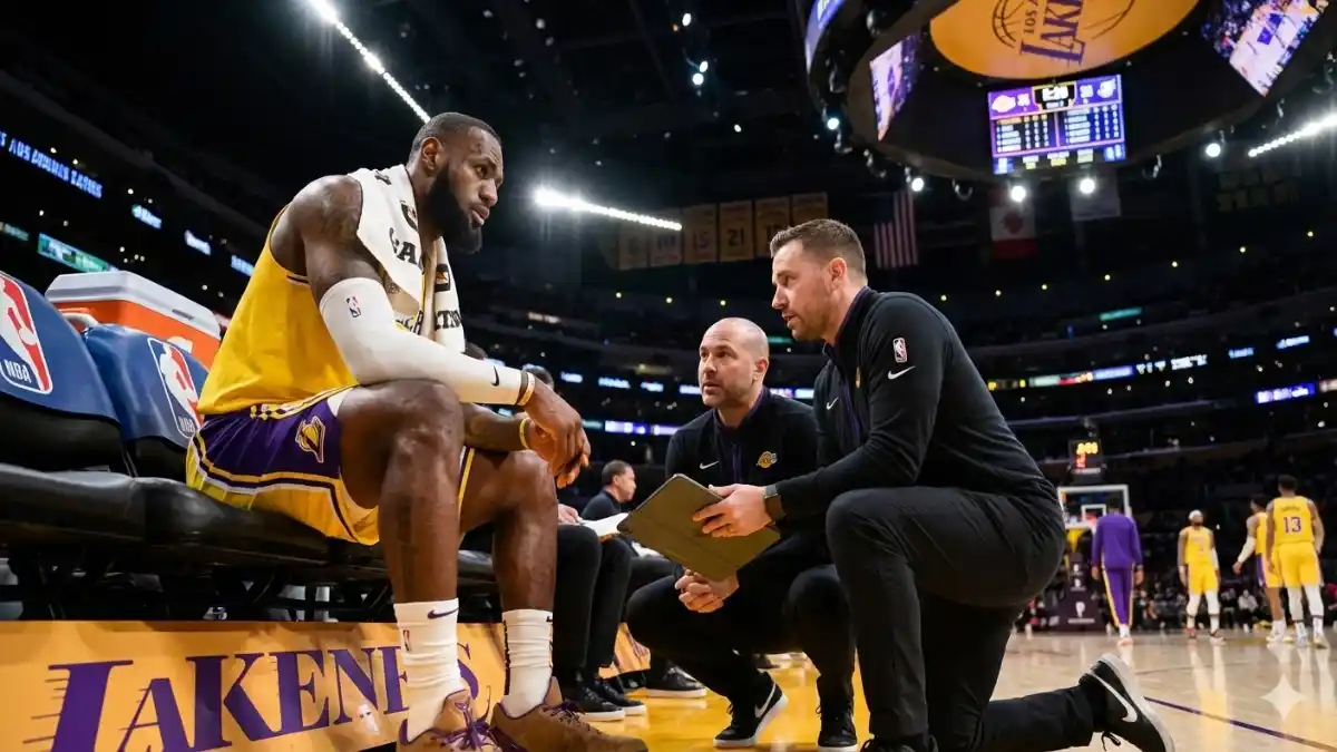 LeBron James sits on the Lakers bench after leaving the game early, fueling injury concerns among NBA fans