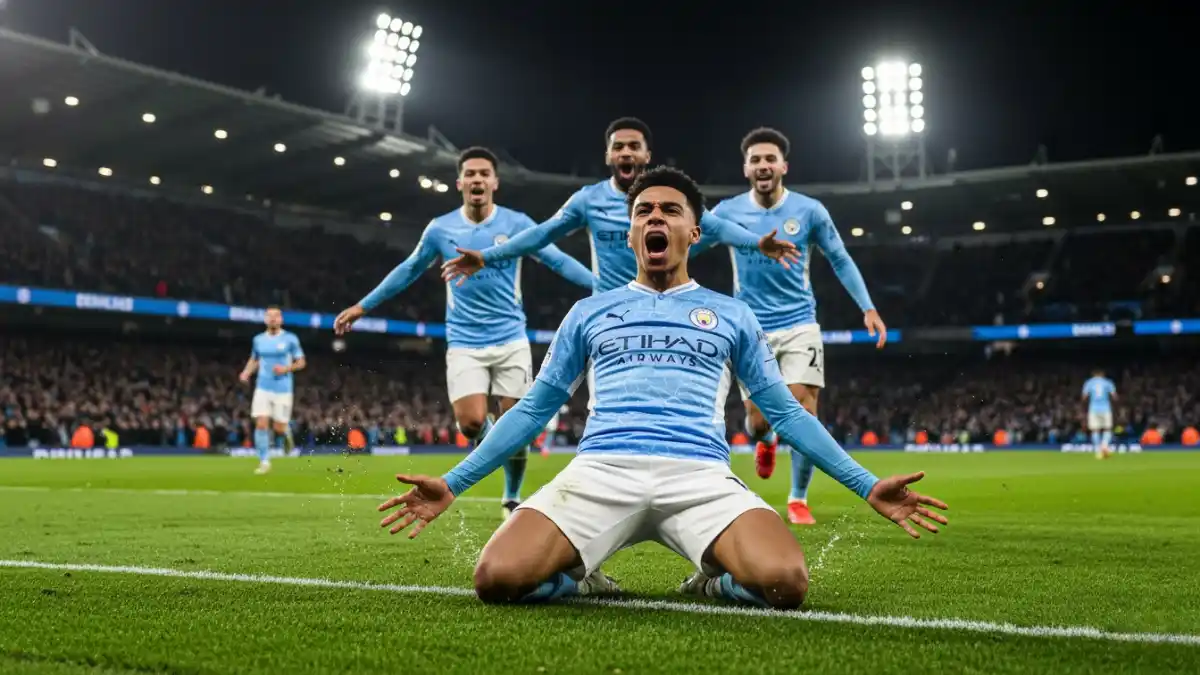 Rayan Cherki celebrates scoring the winning goal against Nottingham Forest.