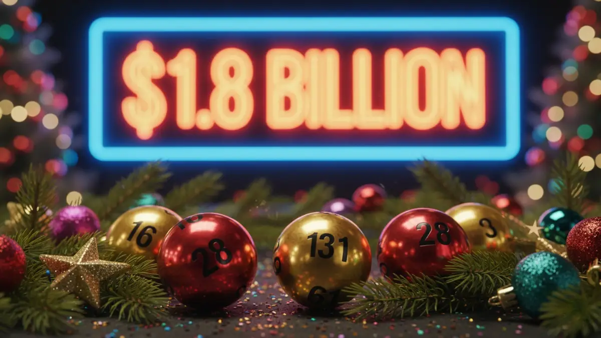 Powerball lottery balls with $1.8 Billion jackpot display.