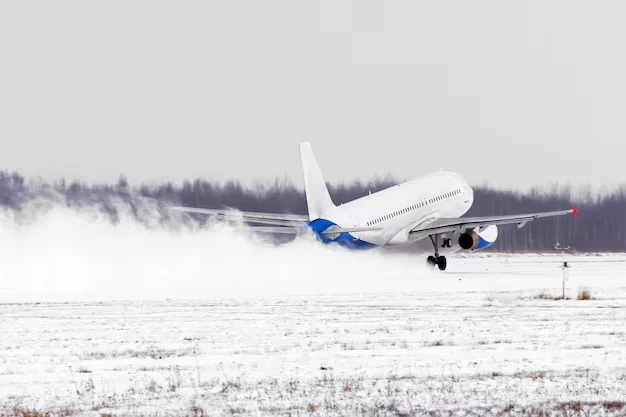 Aerial view of snow-covered airport runways during December 2025 winter storm causing massive flight cancellations