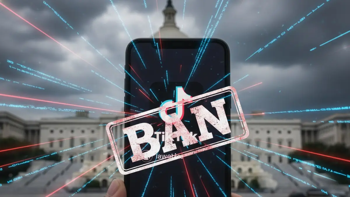A smartphone screen showing a banned TikTok app icon in front of the US Capitol.