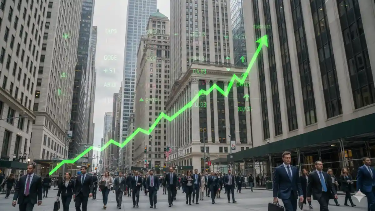 American city financial district with rising economic growth chart
