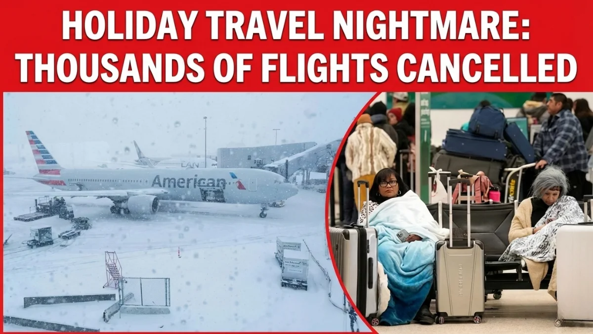 Crowded airport terminal with stranded passengers during massive US flight cancellations December 2025 winter storm