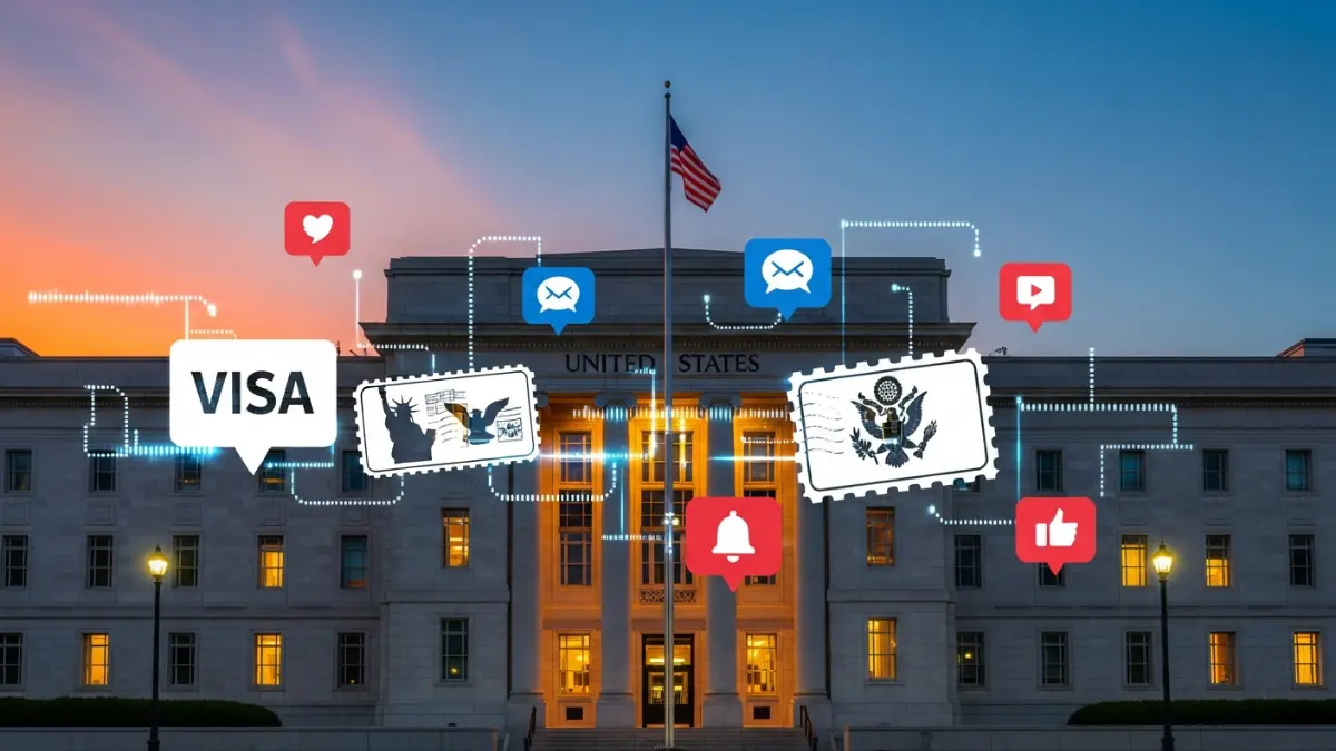 US Embassy building with social media notifications about H-1B visa tweet going viral online.
