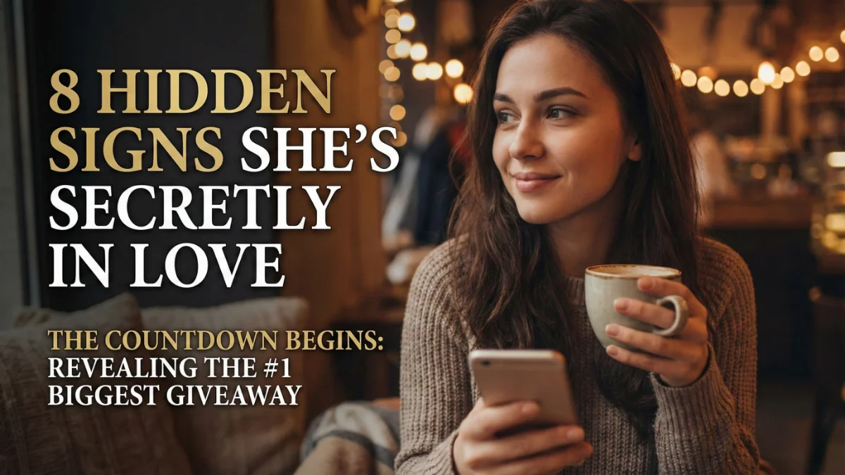 A young woman with a secret smile representing the 8 hidden signs of love, with text overlay "8 Hidden Signs She's Secretly In Love".
