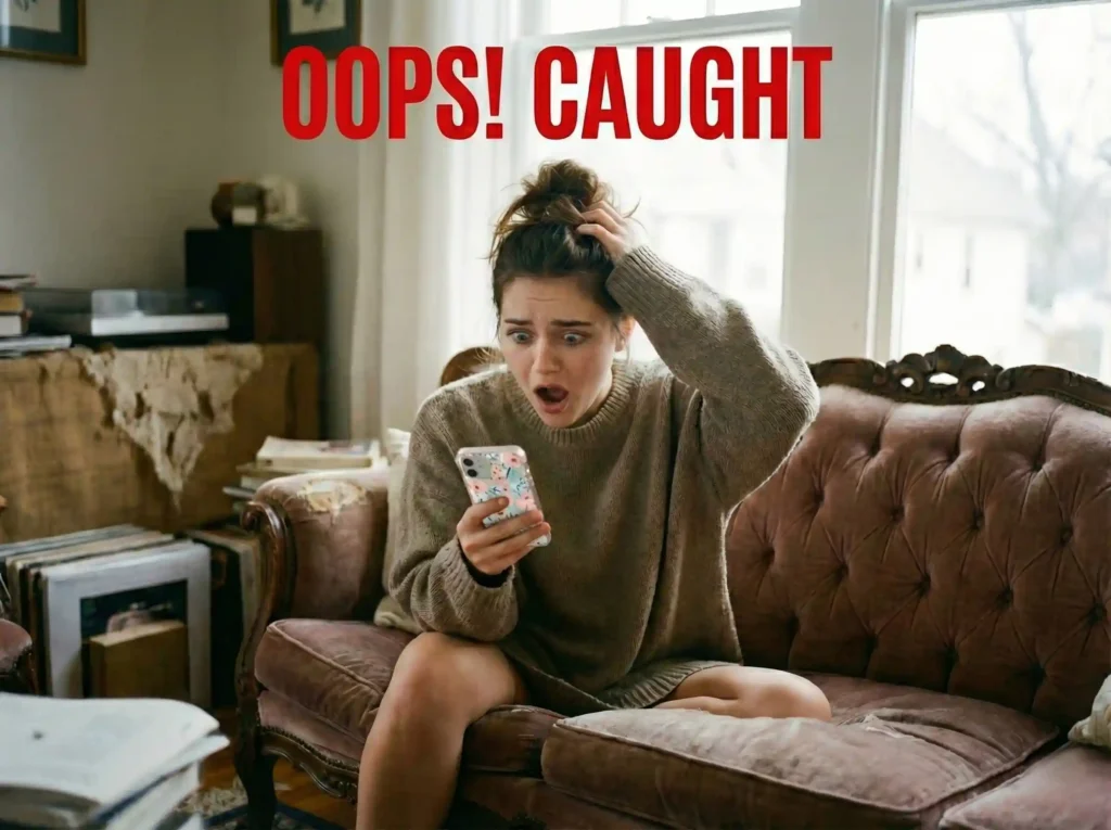 A girl looking shocked and panicked at her phone after accidentally liking an old photo on social media.