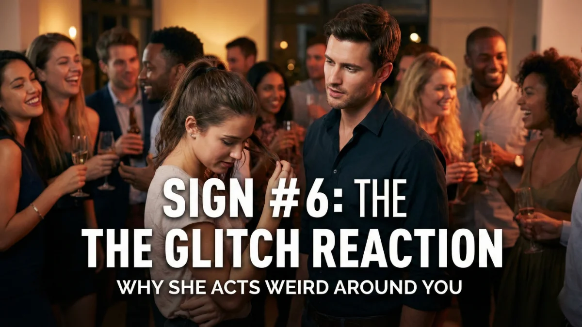 A shy girl looking nervous and awkward around a guy, representing the Glitch reaction sign of love.