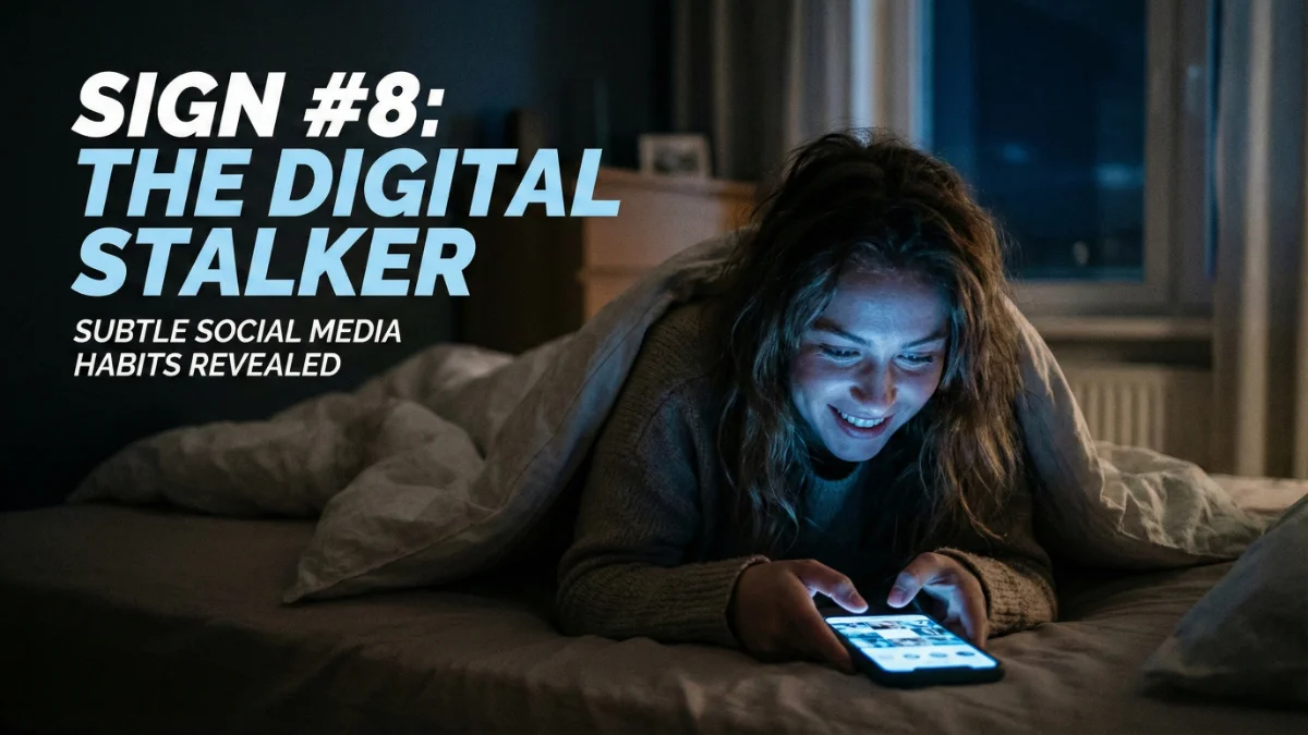A woman looking at her phone at night, representing Sign #8 The Digital Stalker social media habits.