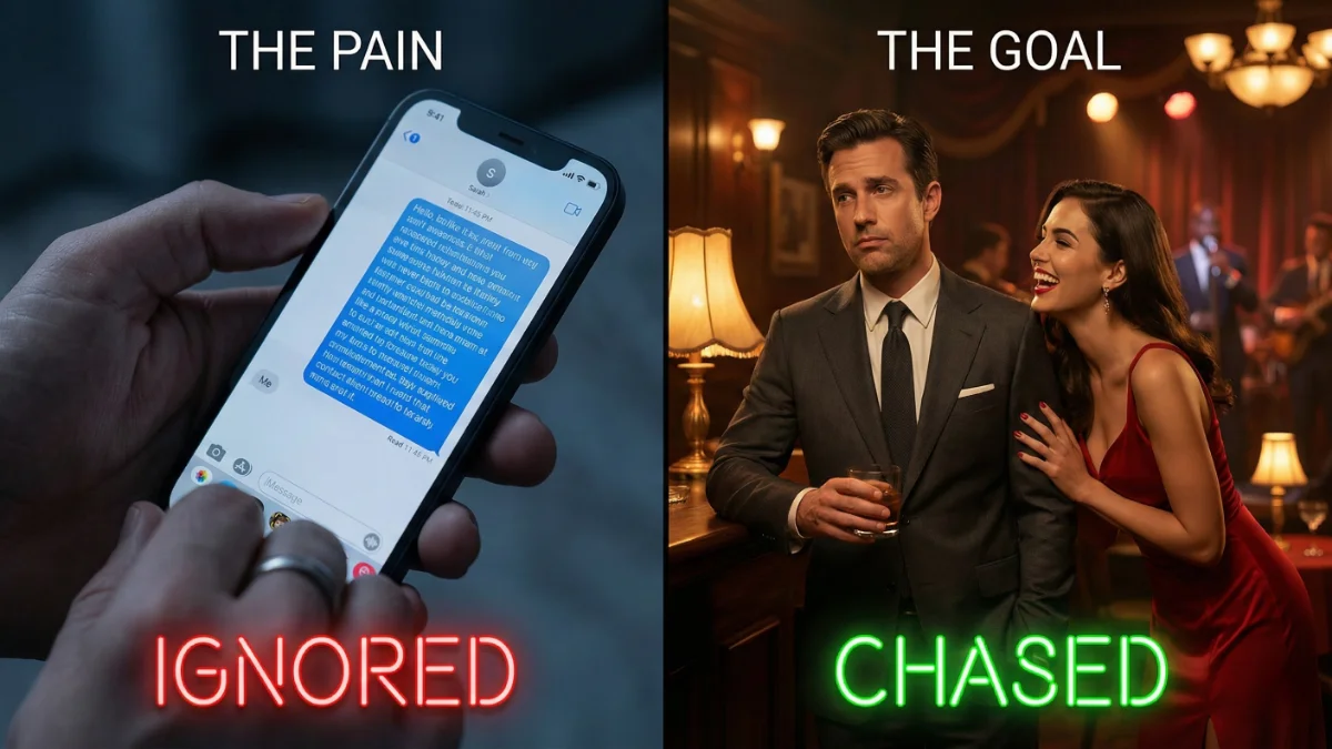 Comparison of a man being ignored via text versus a man attracting women with body language.
