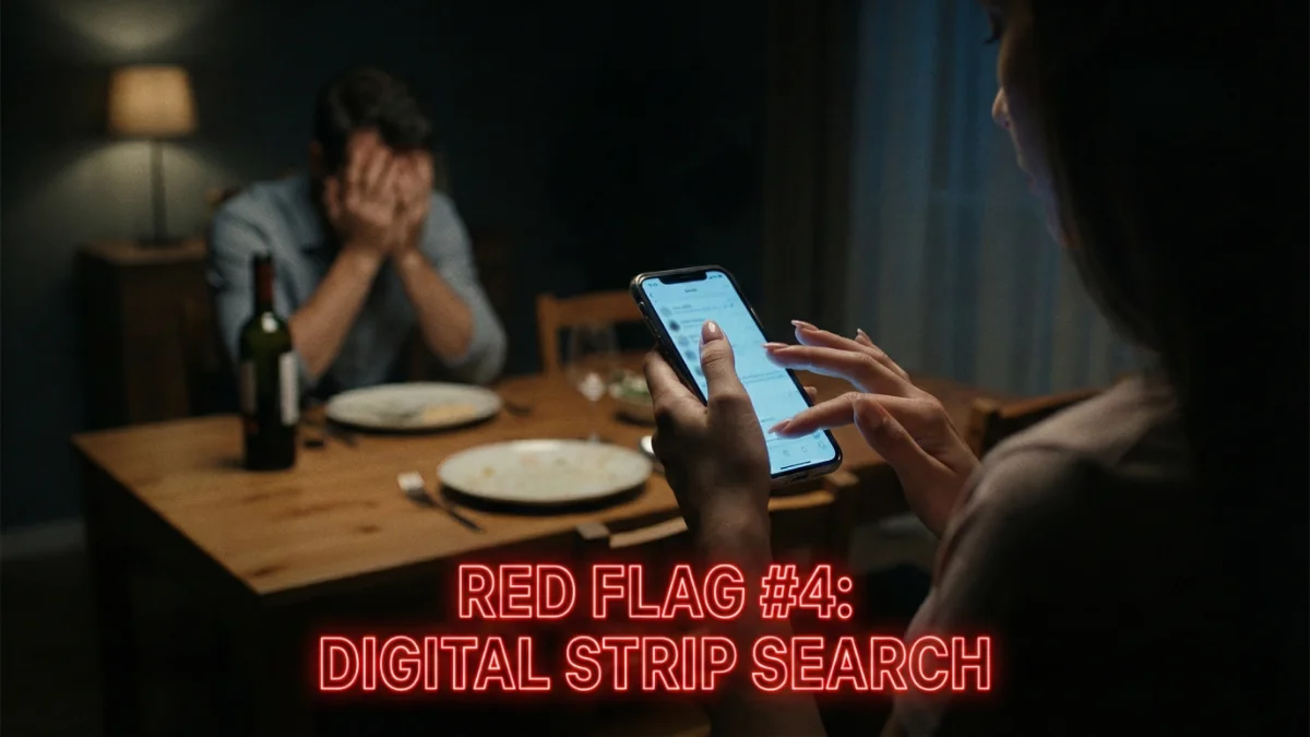 Woman checking boyfriend's phone while he looks anxious, representing lack of privacy.