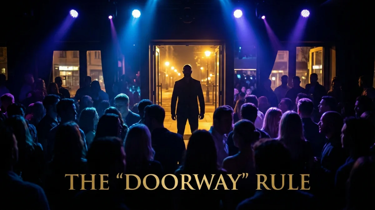 Man standing confidently in a nightclub doorway, commanding attention.