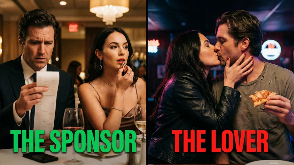 Man paying for expensive dinner ignored by woman vs Woman kissing man with cheap pizza.