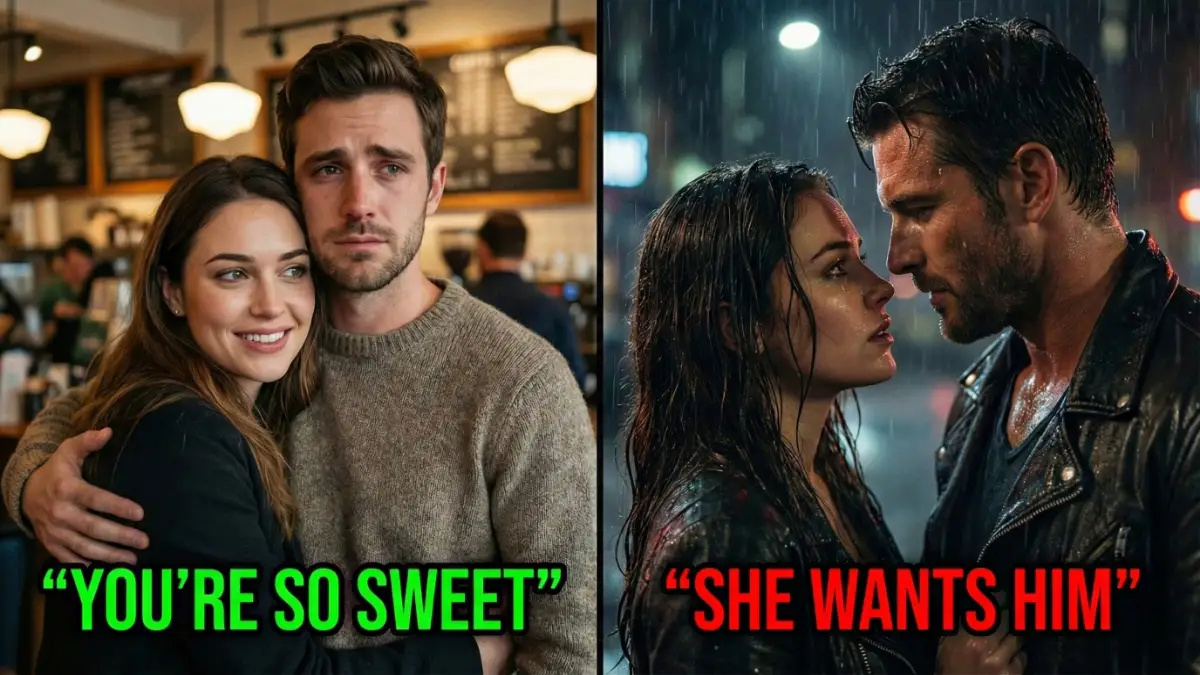 Split screen comparison: Woman giving a platonic hug to a 'nice guy' versus looking at a 'bad boy' with intense sexual desire.