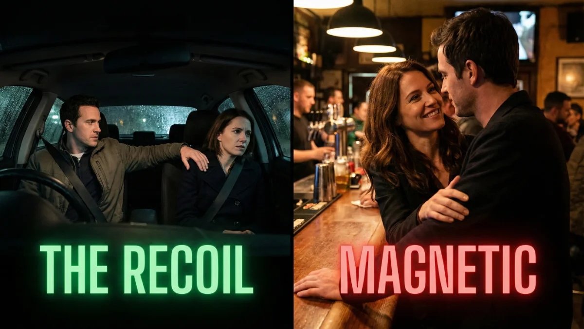 Woman recoiling from hug vs Woman touching man with attraction.