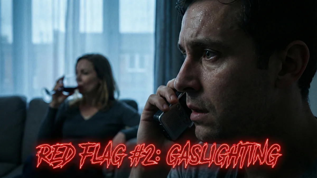 Man listening to voice recorder to prove sanity, representing gaslighting.