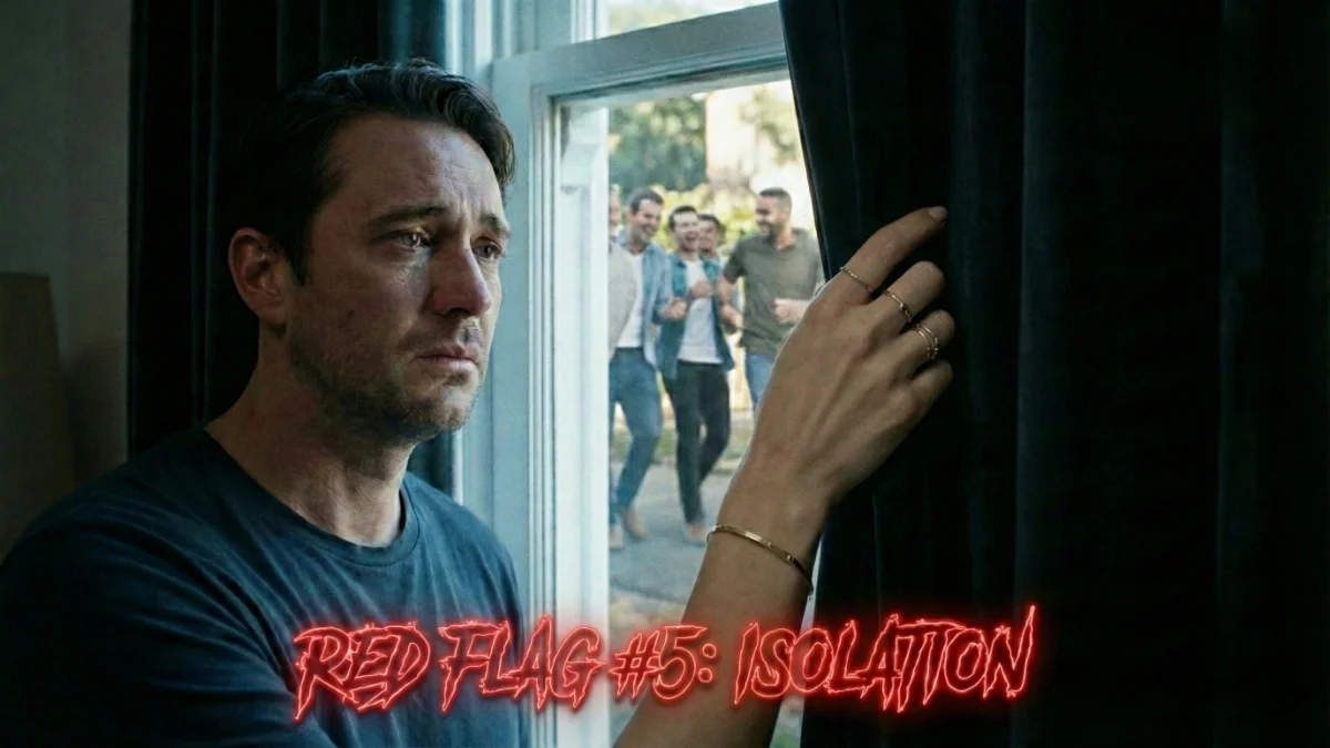 Woman closing curtains while man watches friends leave, representing isolation in relationships.