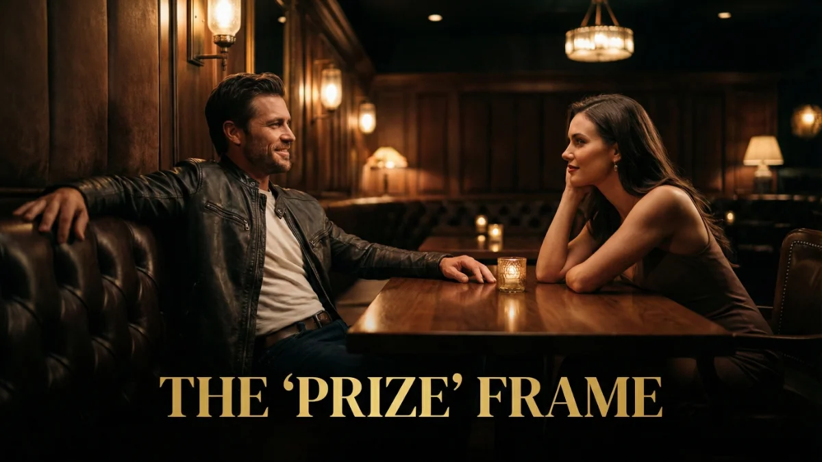 Man leaning back confidently while woman leans in, demonstrating the prize frame body language.