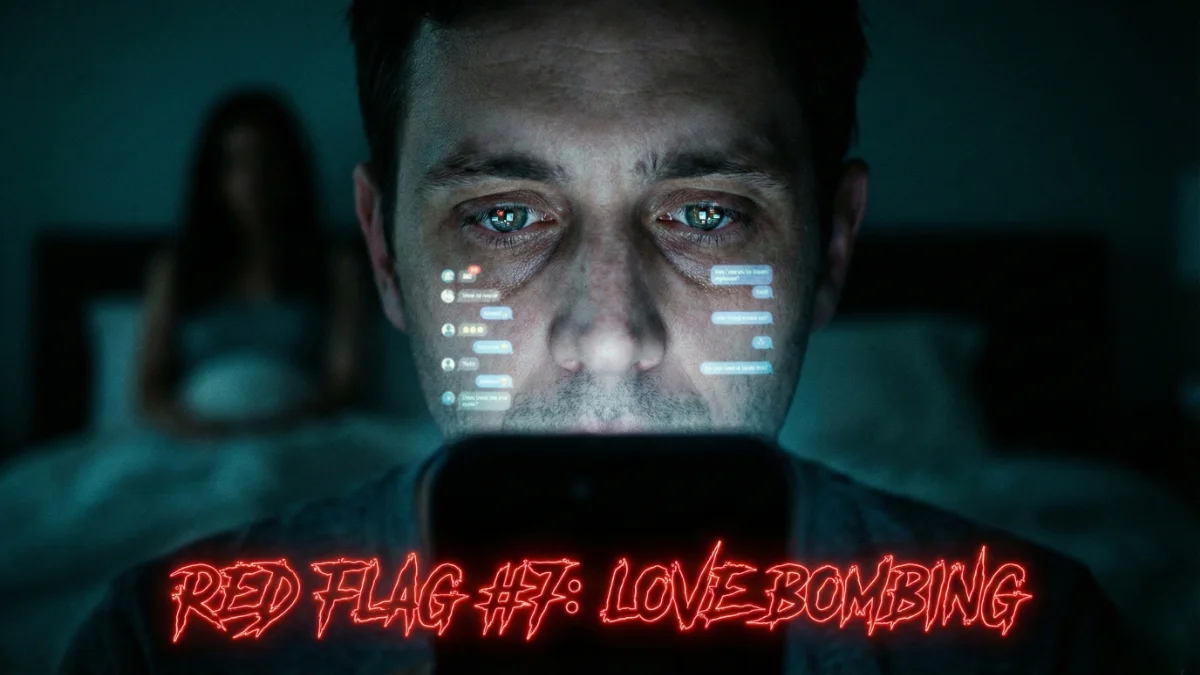 Man looking at phone with too many notifications, representing love bombing.