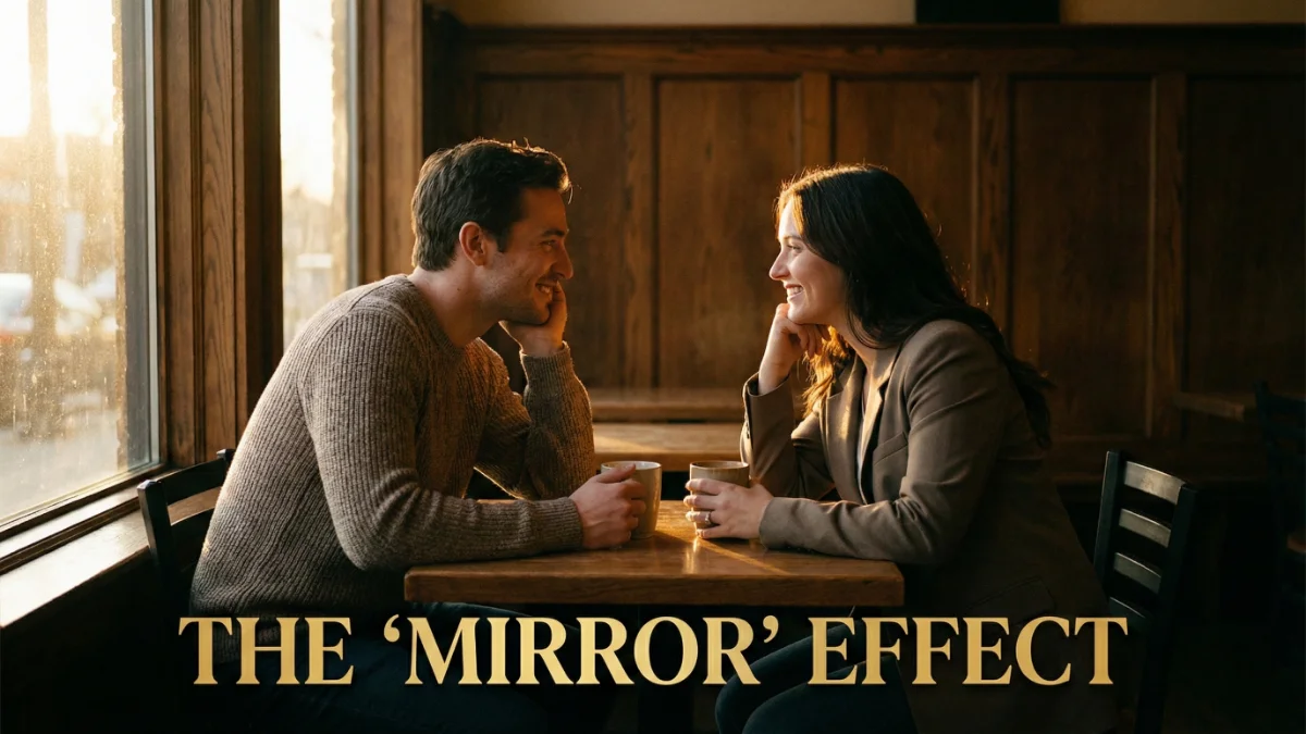 Couple at a cafe mirroring each other's body language, showing deep connection.