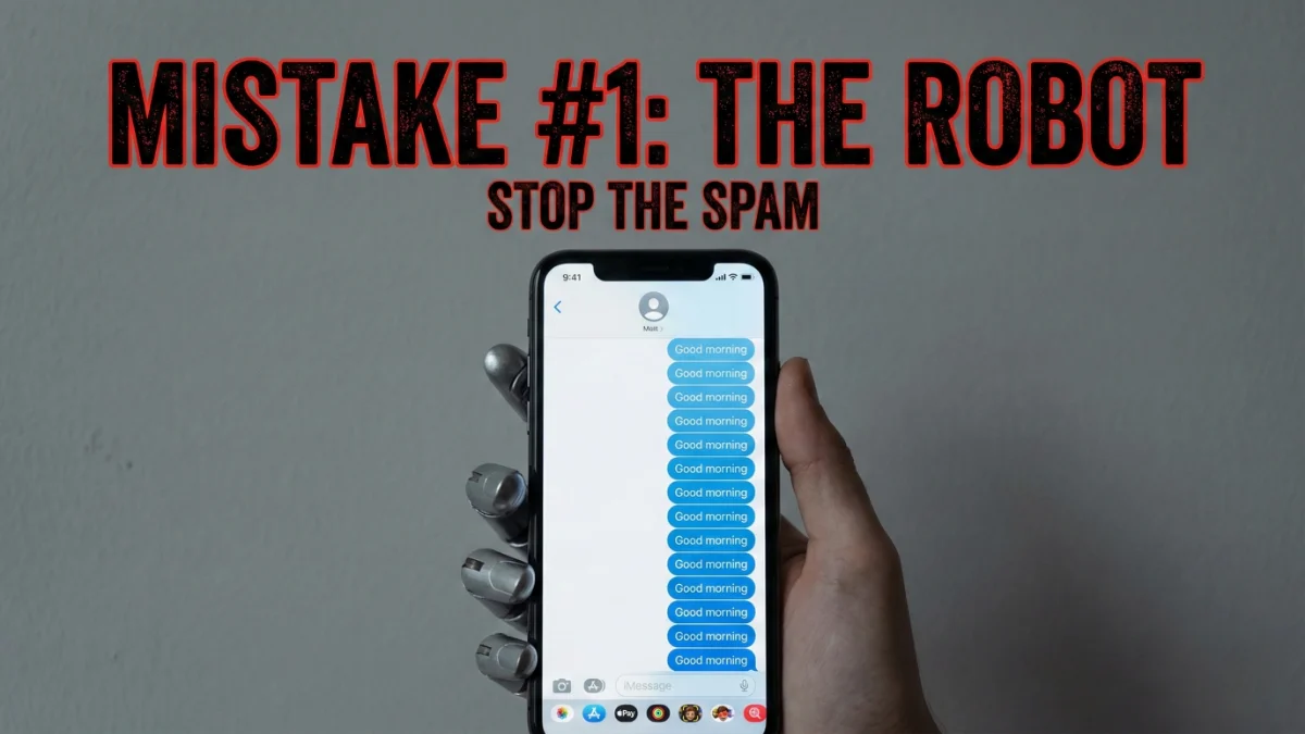 A phone screen showing repetitive good morning texts, representing Mistake #1.