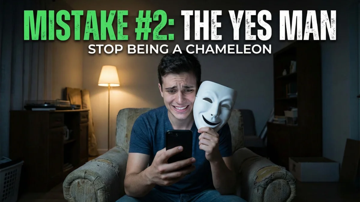 A guy trying too hard to please a girl over text, representing the Yes Man mistake.