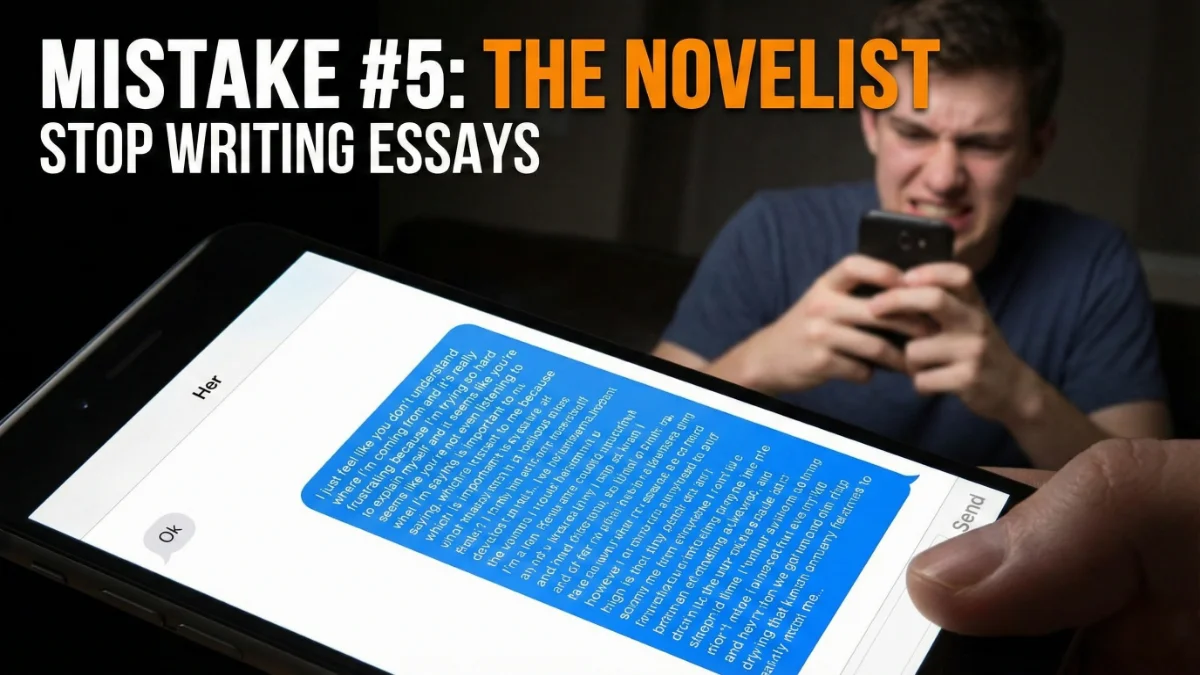 A phone screen showing a massive wall of text sent to a girl, representing Mistake #5.