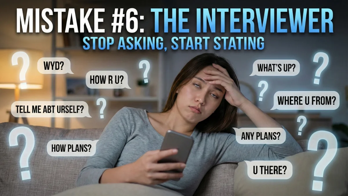A girl looking annoyed by too many questions over text, representing Mistake #6.