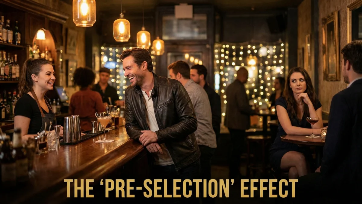Man laughing with female bartender while another woman looks on jealously.