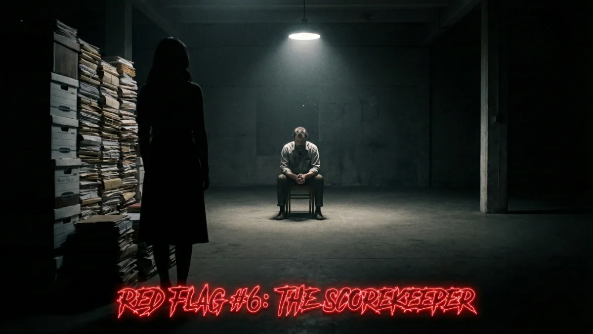 Man being interrogated by woman with stack of files, representing relationship scorekeeping.