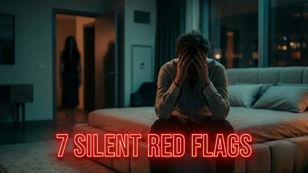 Man looking stressed sitting on bed with glowing red text "7 SILENT RED FLAGS" overlay.