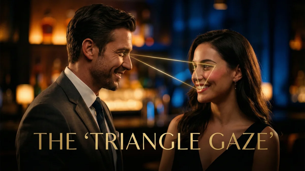 Cinematic shot of a man using the triangle gaze eye contact trick on a smiling woman in a dimly lit bar, with a glowing triangle overlay.